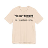 Front “You Can’t Fix Stupid — Proverbs 27:22” text printed on front of a unisex Christian t-shirt in bold typography.