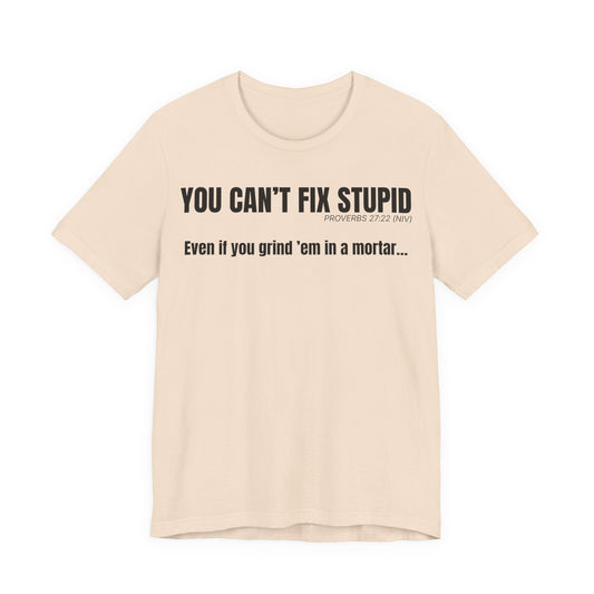 Front “You Can’t Fix Stupid — Proverbs 27:22” text printed on front of a unisex Christian t-shirt in bold typography.