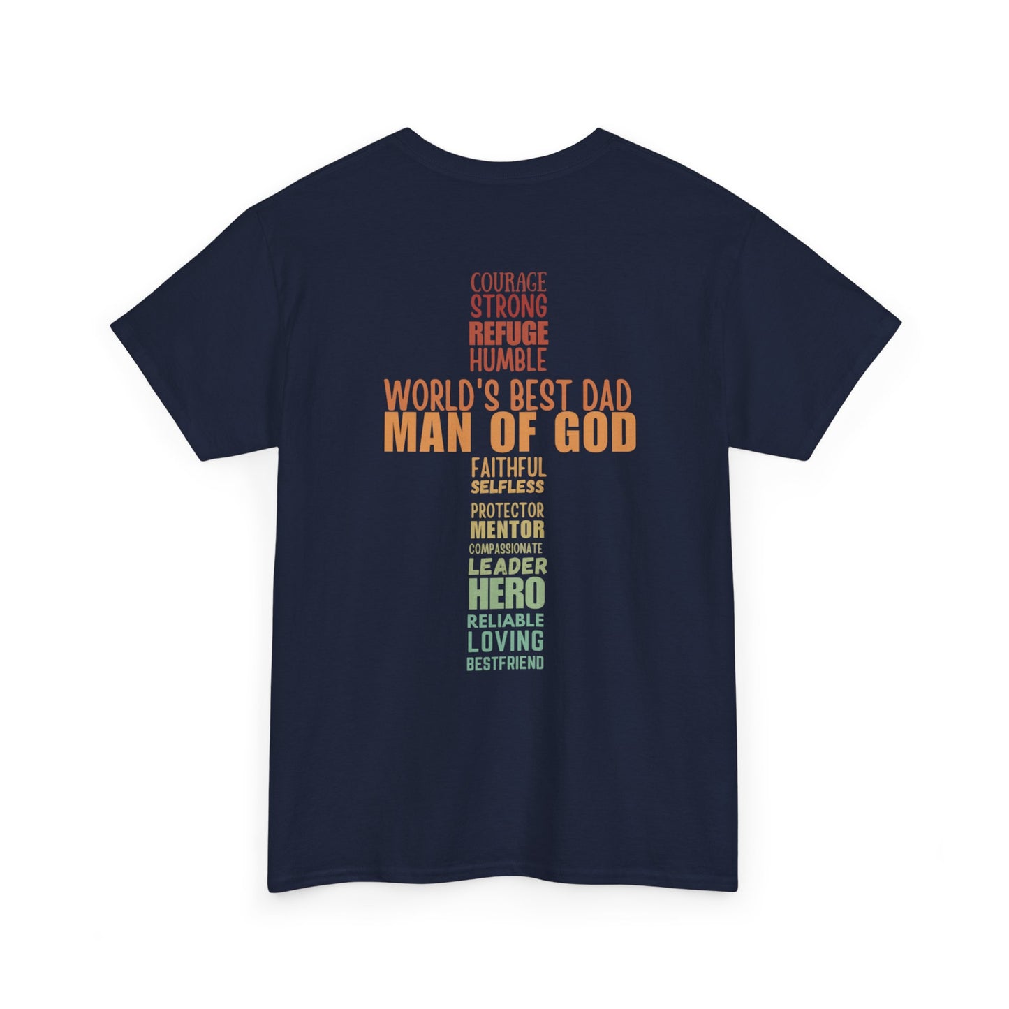 Man of God Cross Word Art Tee — Christian Father’s Day & Faith T-Shirt | Unisex Heavy Cotton