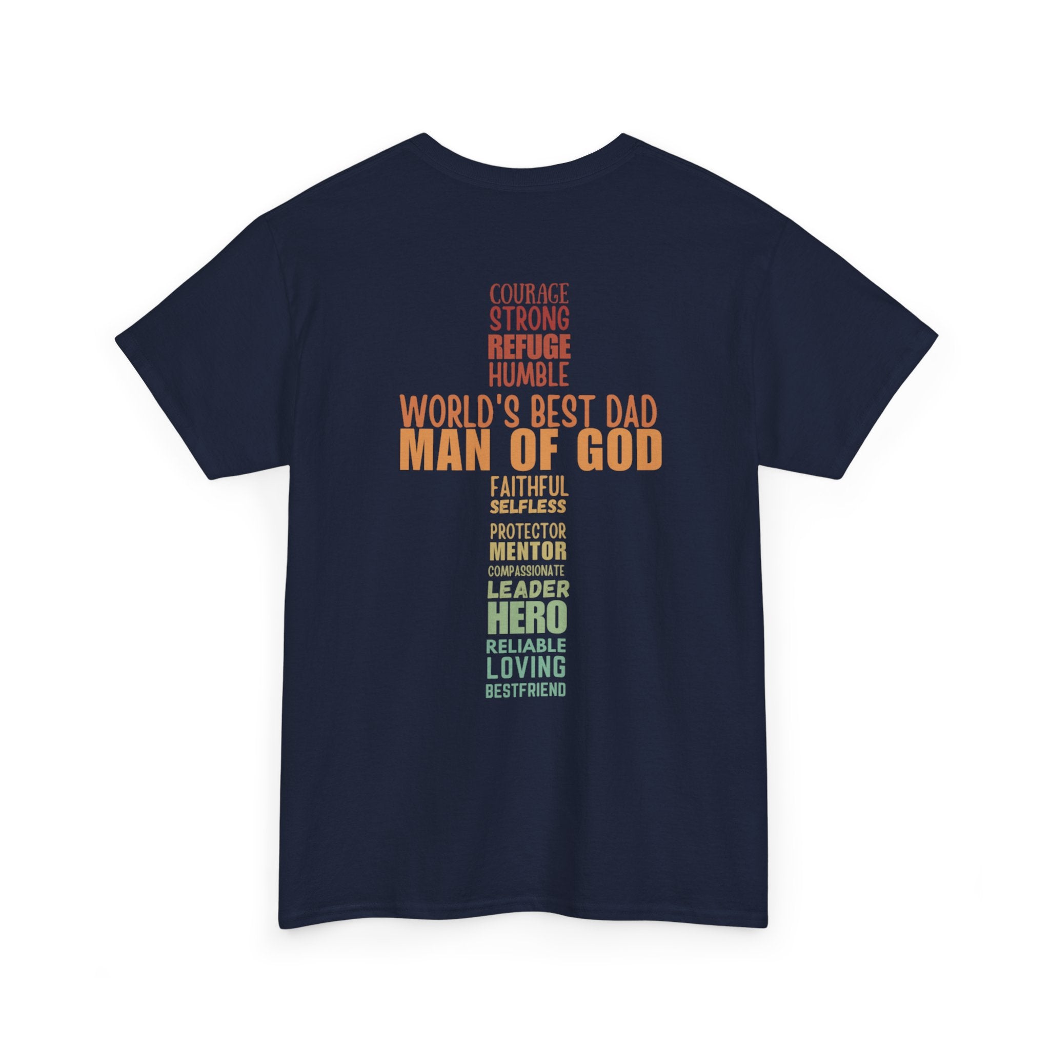 Man of God Cross Word Art Tee — Christian Father’s Day & Faith T-Shirt | Unisex Heavy Cotton