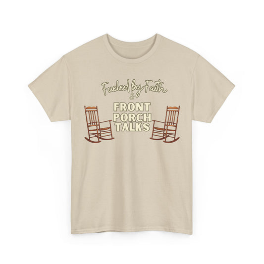 Front: Fueled by Faith and Front Porch Talks boutique Southern Christian shirt with rocking chair design on sand tee