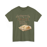 front Sundays are for grace biscuits and gravy Christian t-shirt with cozy Southern food illustration on olive green unisex tee