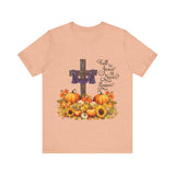 Fall for Jesus — He Never Leaves | Unisex Jersey Christian Autumn T-Shirt