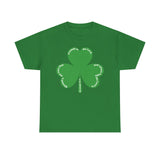 Front of Christian shamrock shirt featuring Jeremiah 17:7 KJV Bible verse, three leaf clover design symbolizing the Trinity, green faith based t shirt with Scripture text