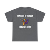 Front view — “HAMMER OF HEAVEN” Christian warrior t-shirt with superhero-style hammer graphic, Armor of God theme, bold faith spiritual warfare apparel by Slinging Scriptures.