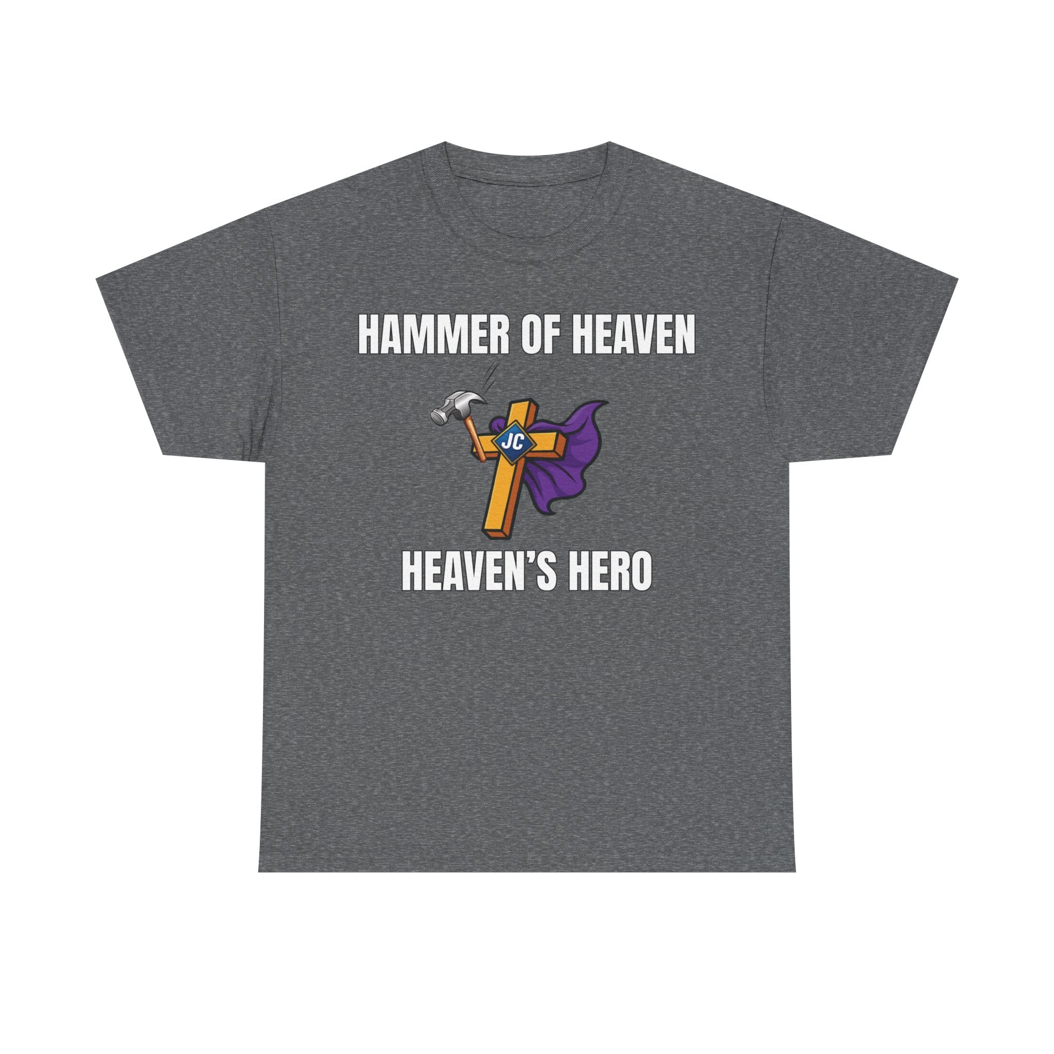 Front view — “HAMMER OF HEAVEN” Christian warrior t-shirt with superhero-style hammer graphic, Armor of God theme, bold faith spiritual warfare apparel by Slinging Scriptures.