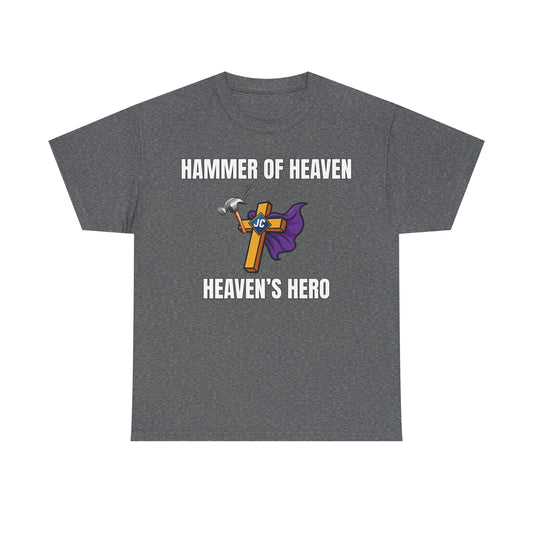 Front view — “HAMMER OF HEAVEN” Christian warrior t-shirt with superhero-style hammer graphic, Armor of God theme, bold faith spiritual warfare apparel by Slinging Scriptures.