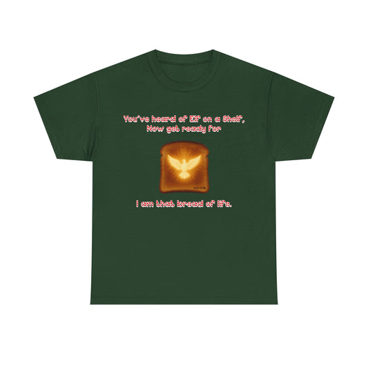 Front: Holy Ghost on Toast” funny Christian Christmas t-shirt — green tee with toast image and candy-cane lettering referencing John 6:48.