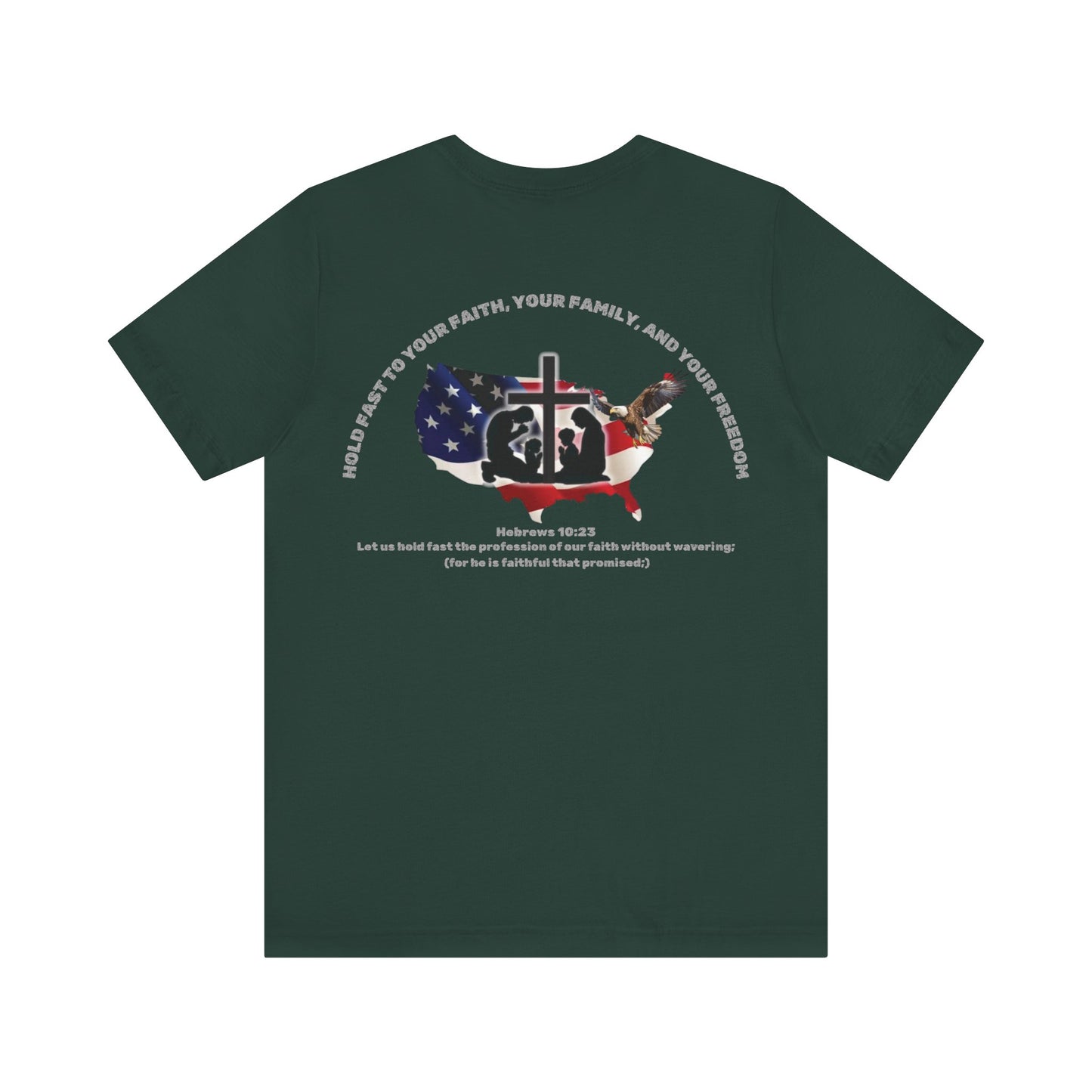 Patriotic Graphic Tee-Hold Fast — Hebrews 10:23 | Unisex Jersey Short Sleeve Christian T-Shirt
