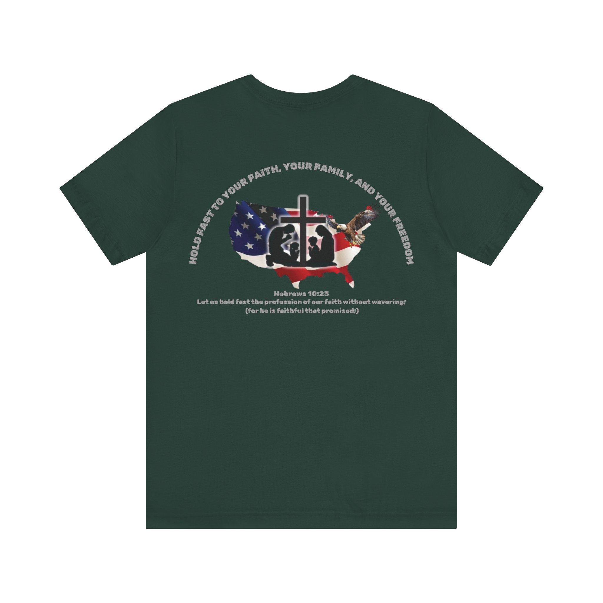 Patriotic Graphic Tee-Hold Fast — Hebrews 10:23 | Unisex Jersey Short Sleeve Christian T-Shirt