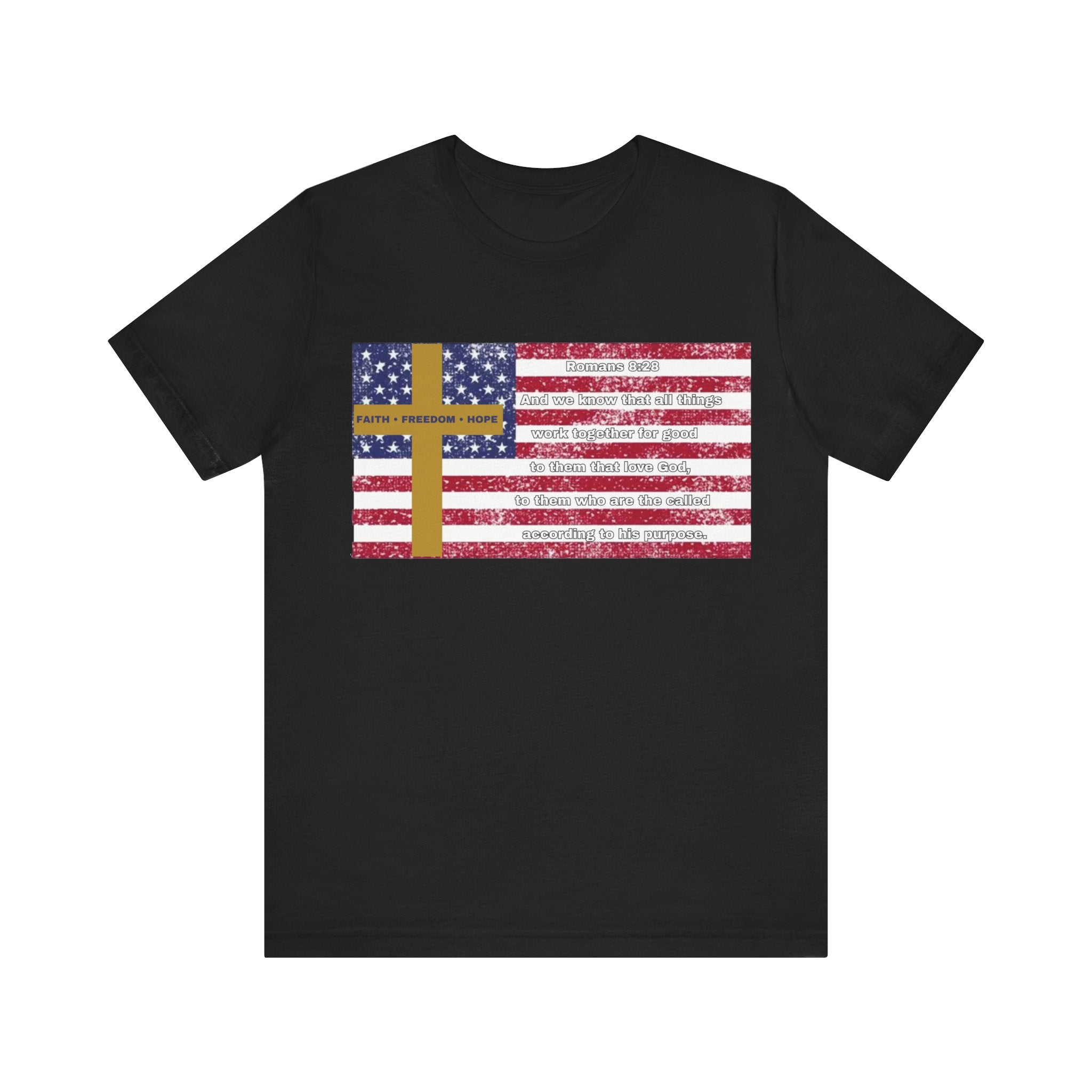 United in Purpose — Romans 8:28 Flag & Cross | Unisex Jersey Short Sleeve Christian T-Shirt