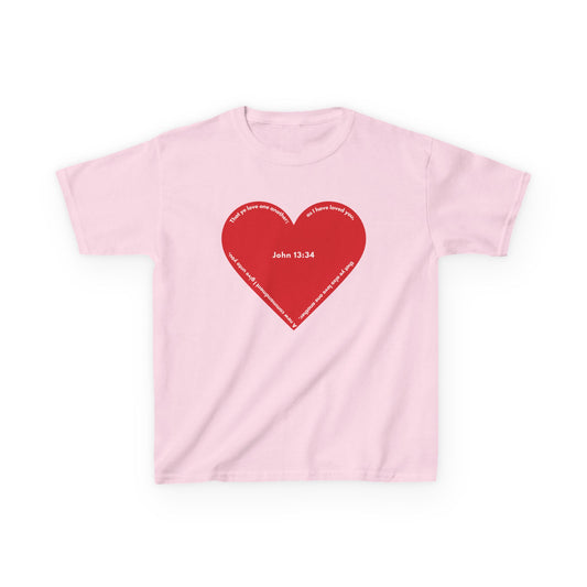 Youth pink Christian t-shirt featuring a red heart with John 13:34 Bible verse text forming the outline, front view, Valentine faith shirt for kids
