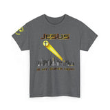 Jesus Superhero T-Shirt – Unisex Heavy Cotton Tee with Spotlight City Design & Psalm 18:2 Bible Verse