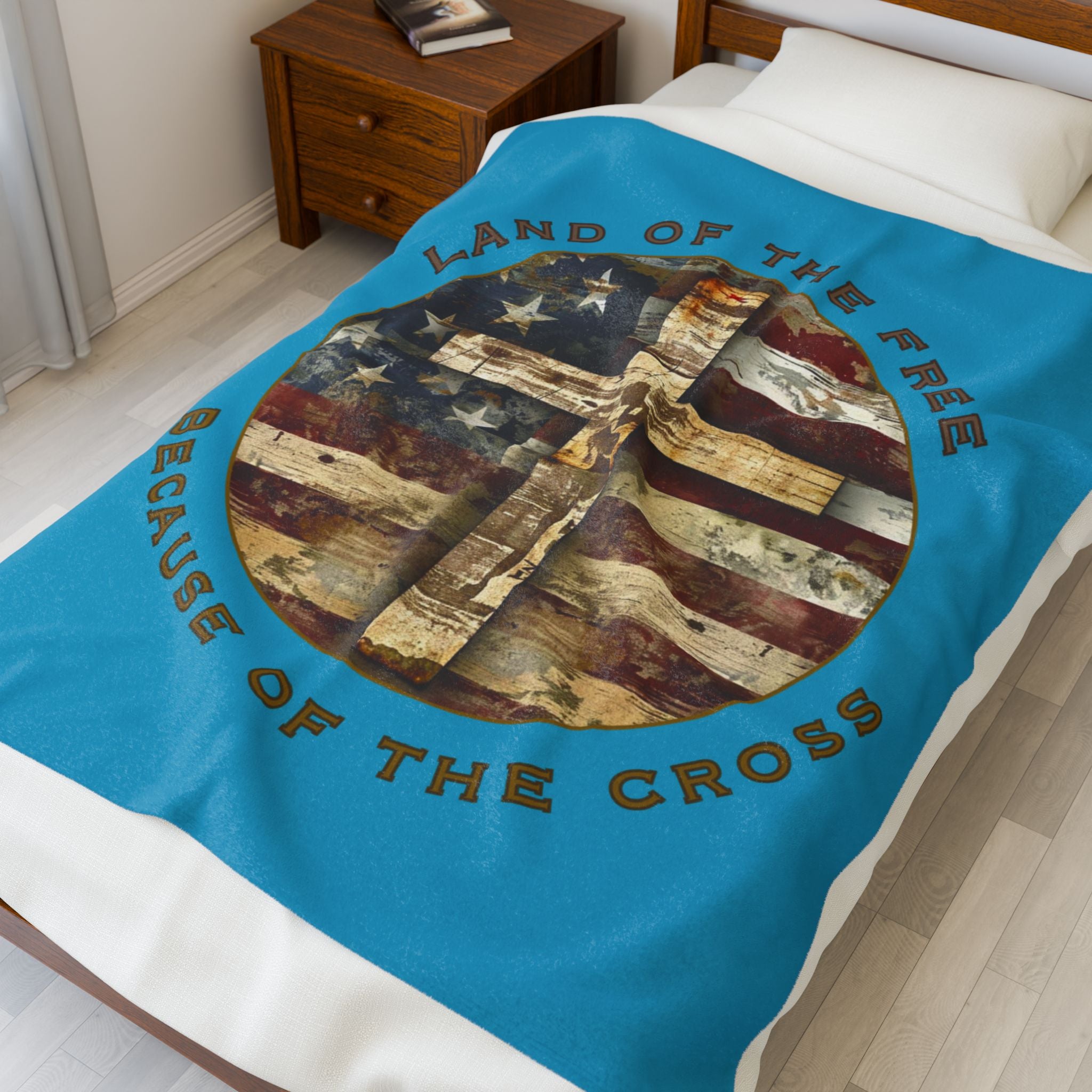 Land of the Free Because of the Cross | Christian Patriotic Velveteen Blanket