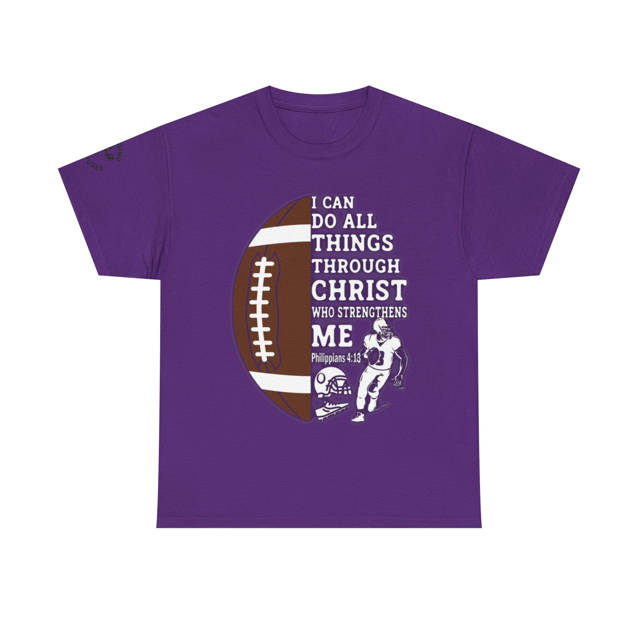 Philippians 4:13 Football Tee | Christian Athlete Shirt | Faith-Based Sports Apparel | Unisex Heavy Cotton