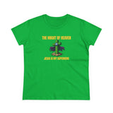 Front: Green Jesus Is My Superhero Christian shirt with cross cape graphic and The Might of Heaven lettering