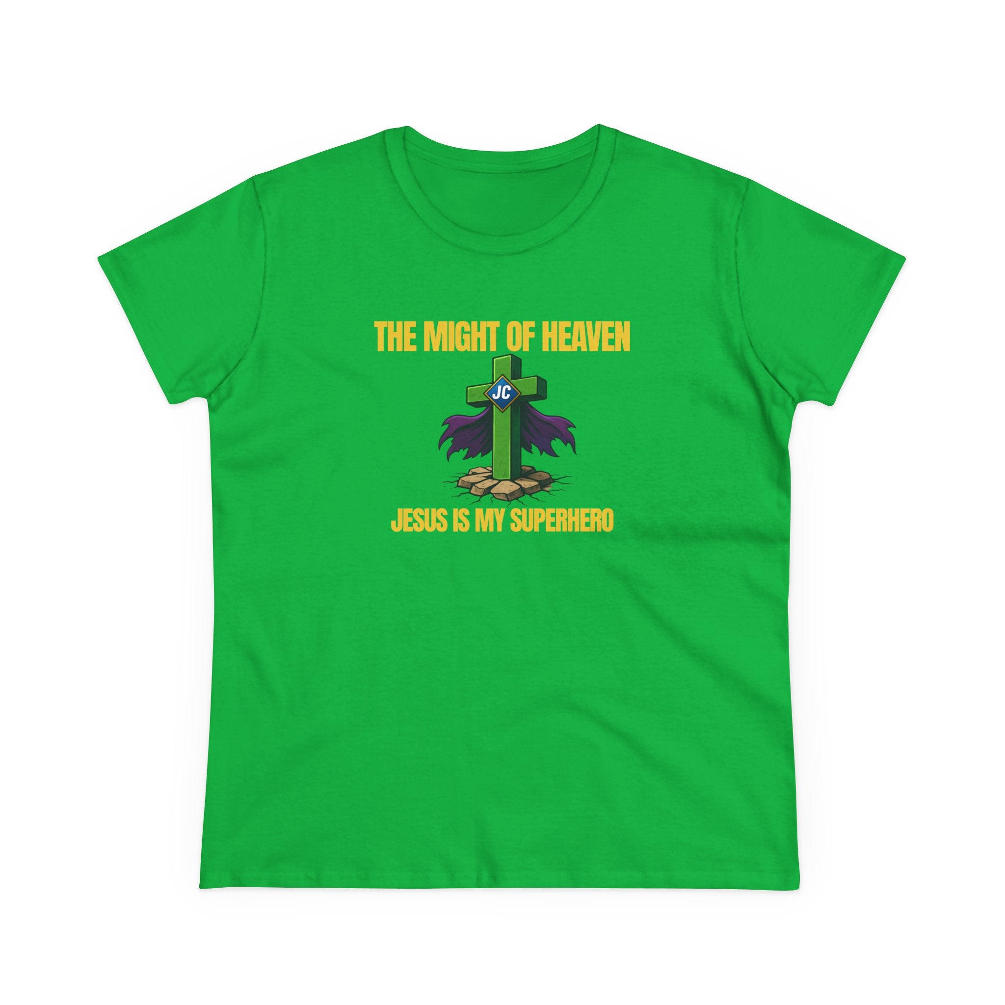 Front: Green Jesus Is My Superhero Christian shirt with cross cape graphic and The Might of Heaven lettering