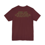 Back of maroon Christian t-shirt displaying John 14:6 scripture text: “I am the way, the truth, and the life; no man cometh unto the Father, but by me.”