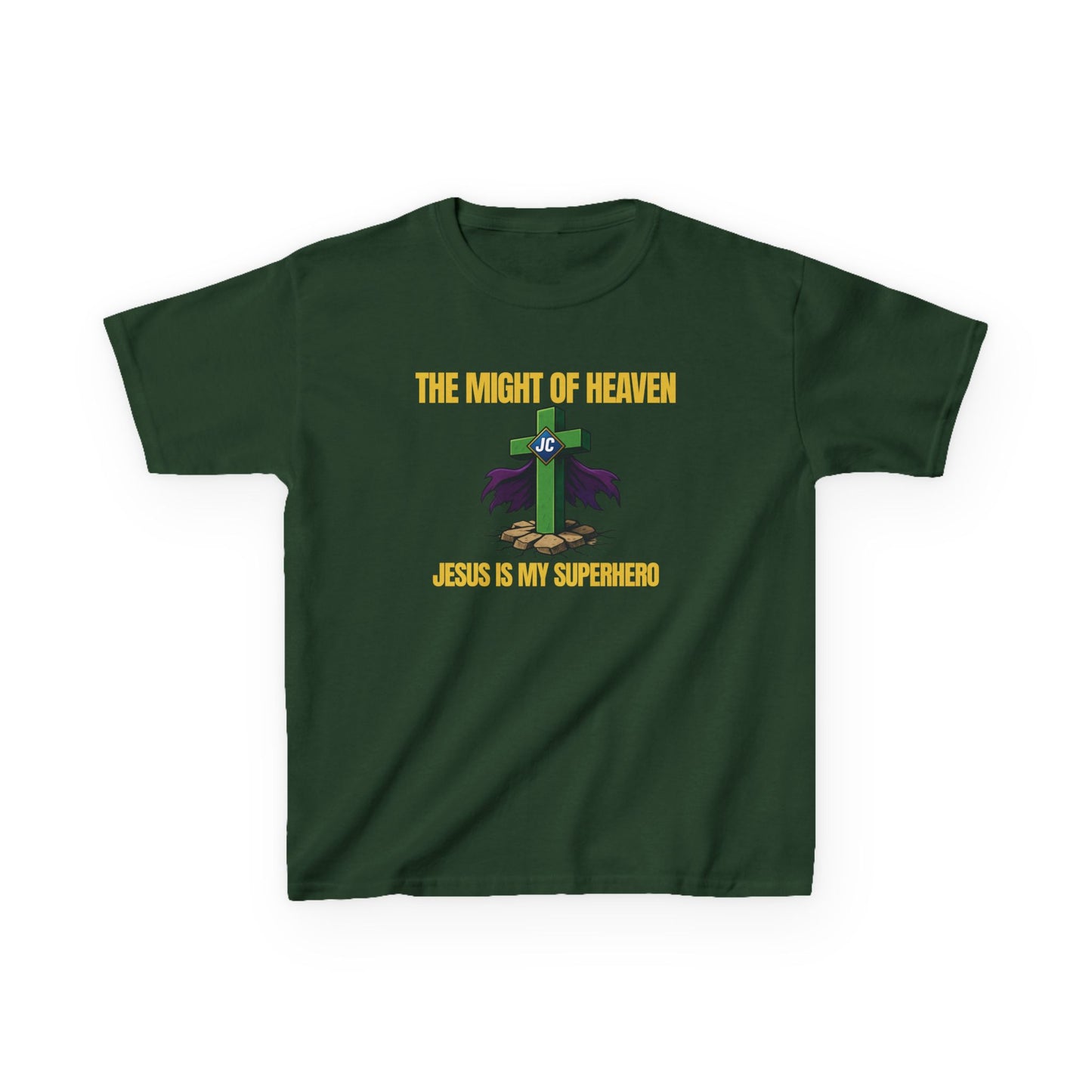 Front — Kids Christian T-Shirt “The Might of Heaven — Jesus Is My Superhero” with stylized cross superhero emblem on deep green shirt.
