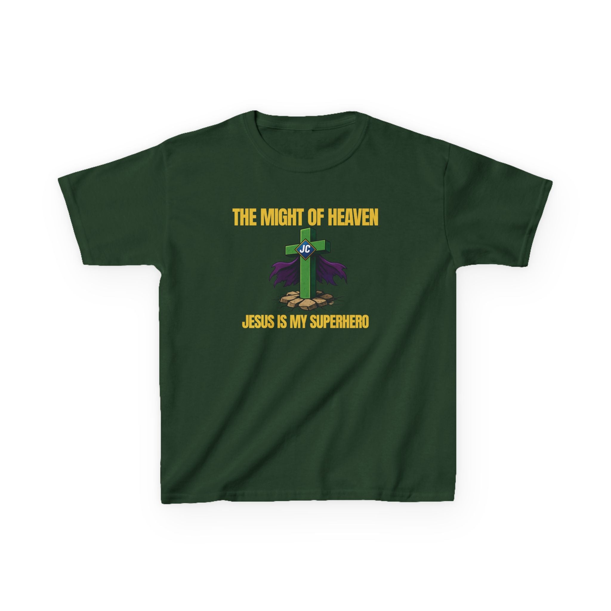 Front — Kids Christian T-Shirt “The Might of Heaven — Jesus Is My Superhero” with stylized cross superhero emblem on deep green shirt.