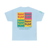 Rejoice & Be Glad — Psalm 118:24 Pop-Color Back Print | Unisex Heavy Cotton Christian T-Shirt