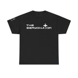 Front Black Christian t-shirt featuring metallic silver text reading “THE SERMONATOR” with a silver metal looking cross symbol on the right side of the design.