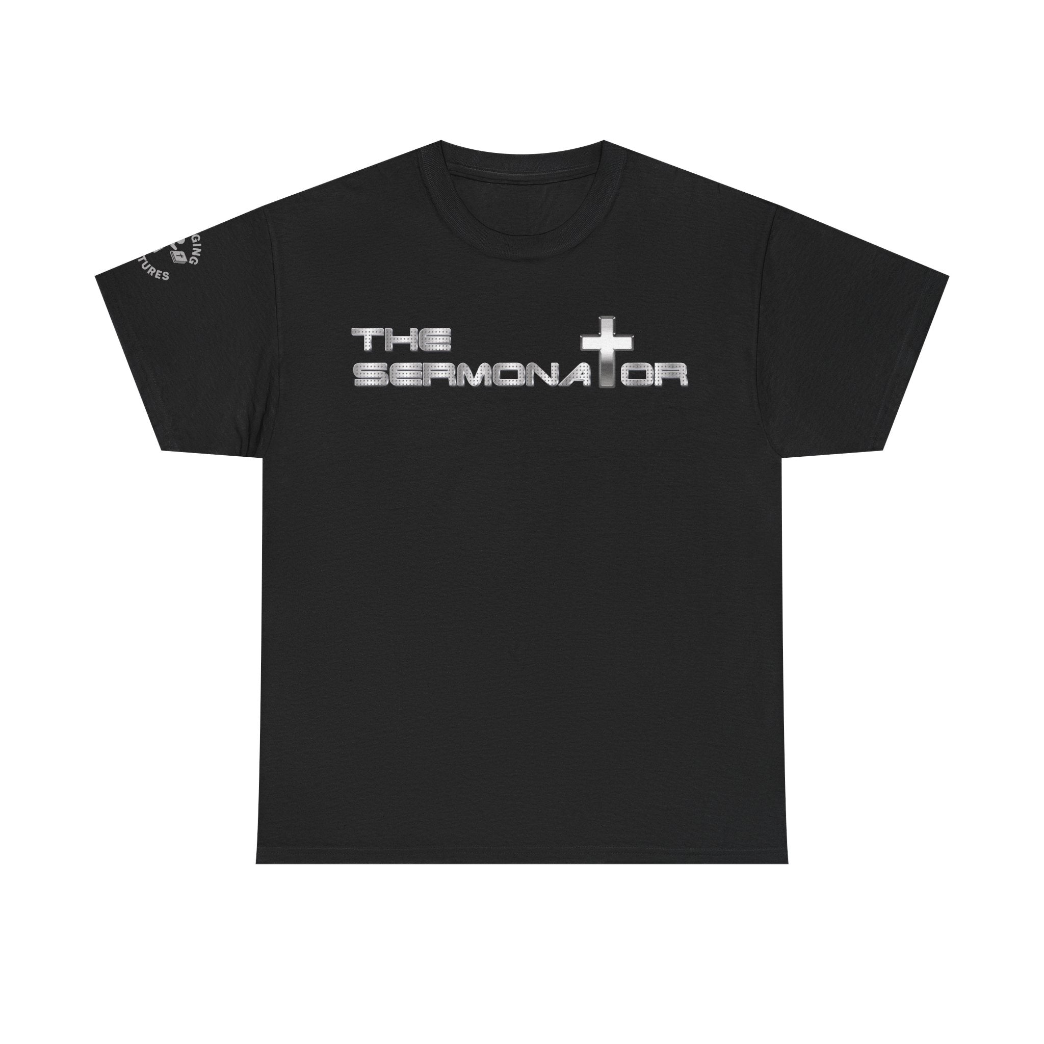 Front Black Christian t-shirt featuring metallic silver text reading “THE SERMONATOR” with a silver metal looking cross symbol on the right side of the design.