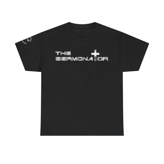 Front Black Christian t-shirt featuring metallic silver text reading “THE SERMONATOR” with a silver metal looking cross symbol on the right side of the design.