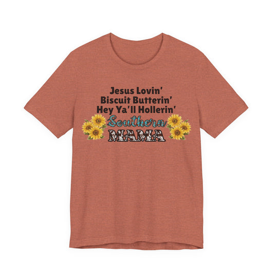 Front of Southern Mama unisex jersey t-shirt featuring sunflowers and faith-inspired text on clay