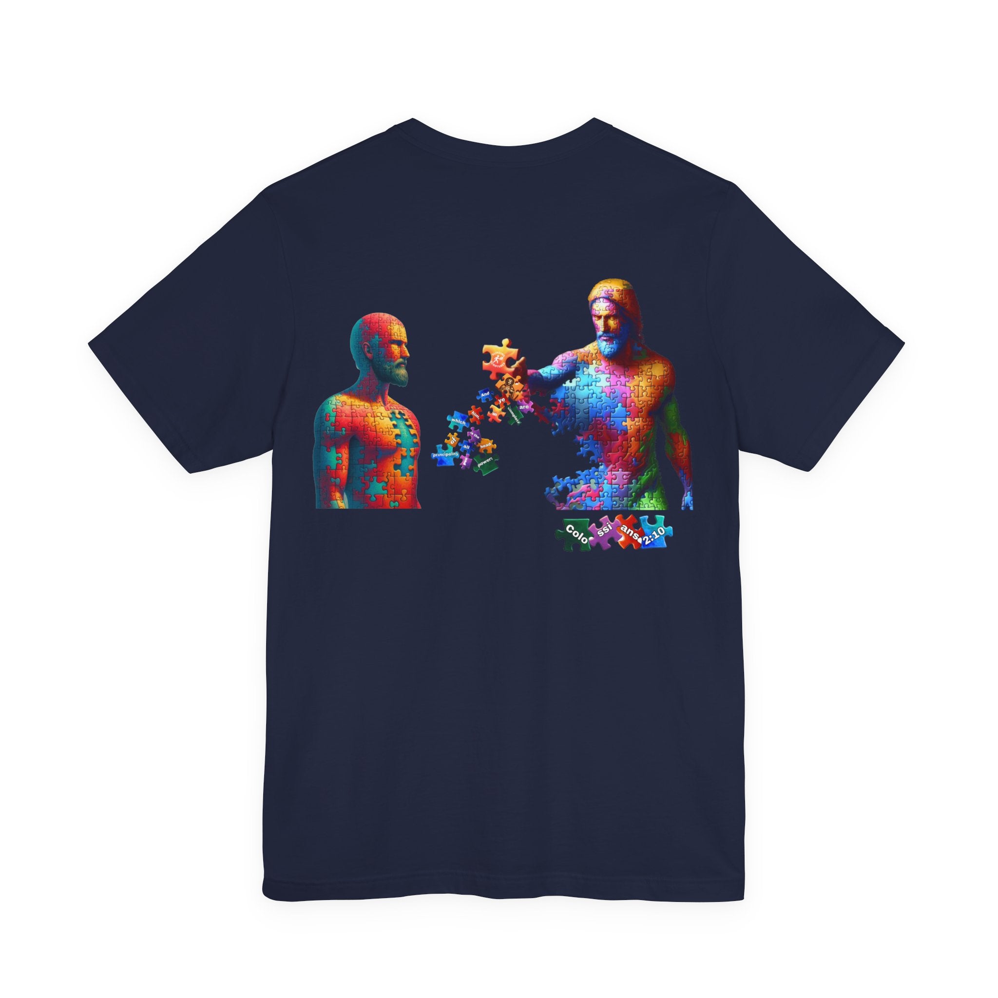 Jesus Completes the Puzzle – Unisex Jersey Short Sleeve Christian T-Shirt with Colossians 2:10