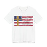 United in Purpose — Romans 8:28 Flag & Cross | Unisex Jersey Short Sleeve Christian T-Shirt