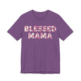 front Floral Blessed Mama t-shirt on purple Bella Canvas tee featuring pink rose patterned lettering in bold block font, Southern boutique style Christian Mother’s Day shirt.