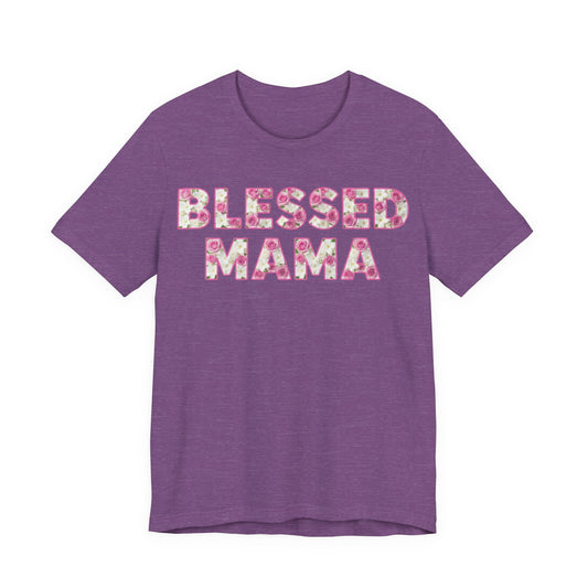 front Floral Blessed Mama t-shirt on purple Bella Canvas tee featuring pink rose patterned lettering in bold block font, Southern boutique style Christian Mother’s Day shirt.