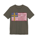 United in Purpose — Romans 8:28 Flag & Cross | Unisex Jersey Short Sleeve Christian T-Shirt