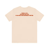 Back of shirt featuring full Scripture of Proverbs 14:7 (NIV) printed in clean, readable text