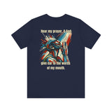 Psalm 54:2 T-Shirt – Unisex Jersey Short Sleeve Christian Tee with Praying Artwork & Slinging Scriptures Logo