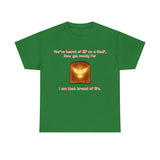 Front: Holy Ghost on Toast” funny Christian Christmas t-shirt — green tee with toast image and candy-cane lettering referencing John 6:48.