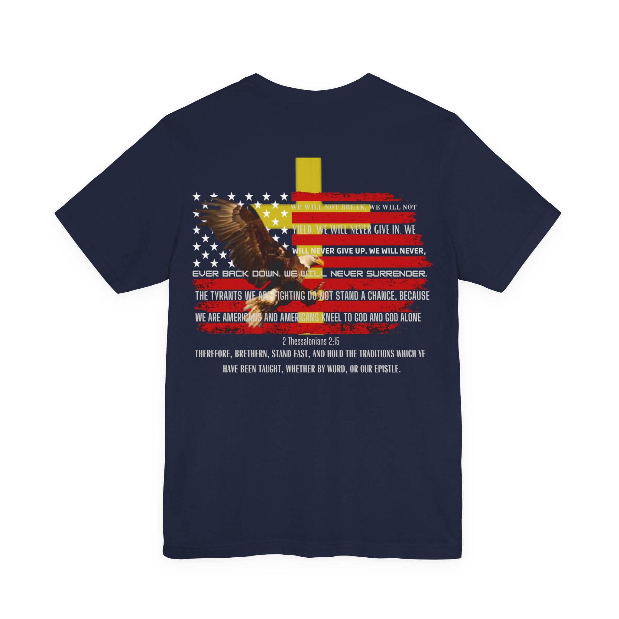 Stand Fast — 2 Thessalonians 2:15 Patriotic Flag Tee | Unisex Jersey Short Sleeve Christian T-Shirt