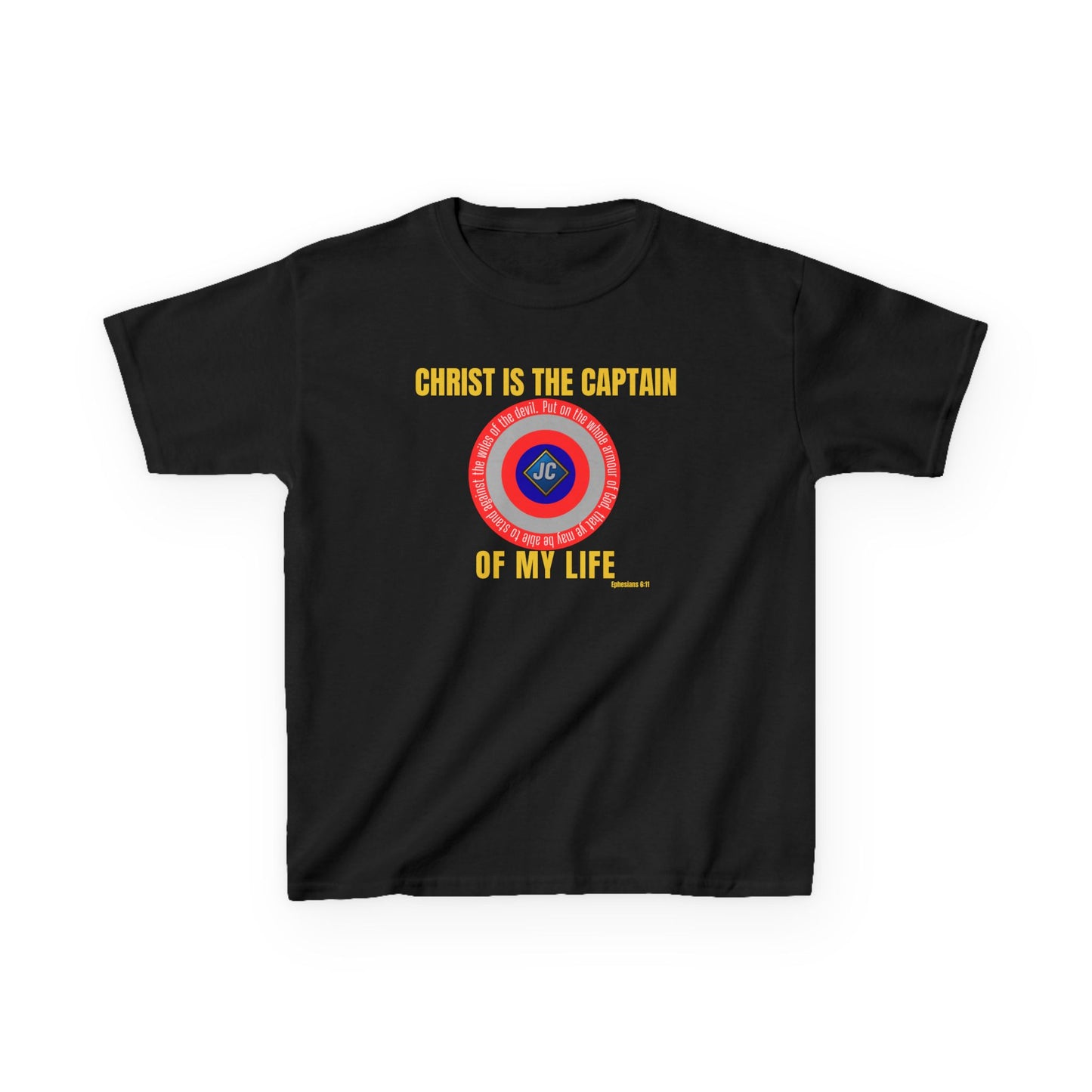 Front: Kids Christian t-shirt with superhero shield emblem that reads “Christ Is the Captain of My Life,” centered on chest