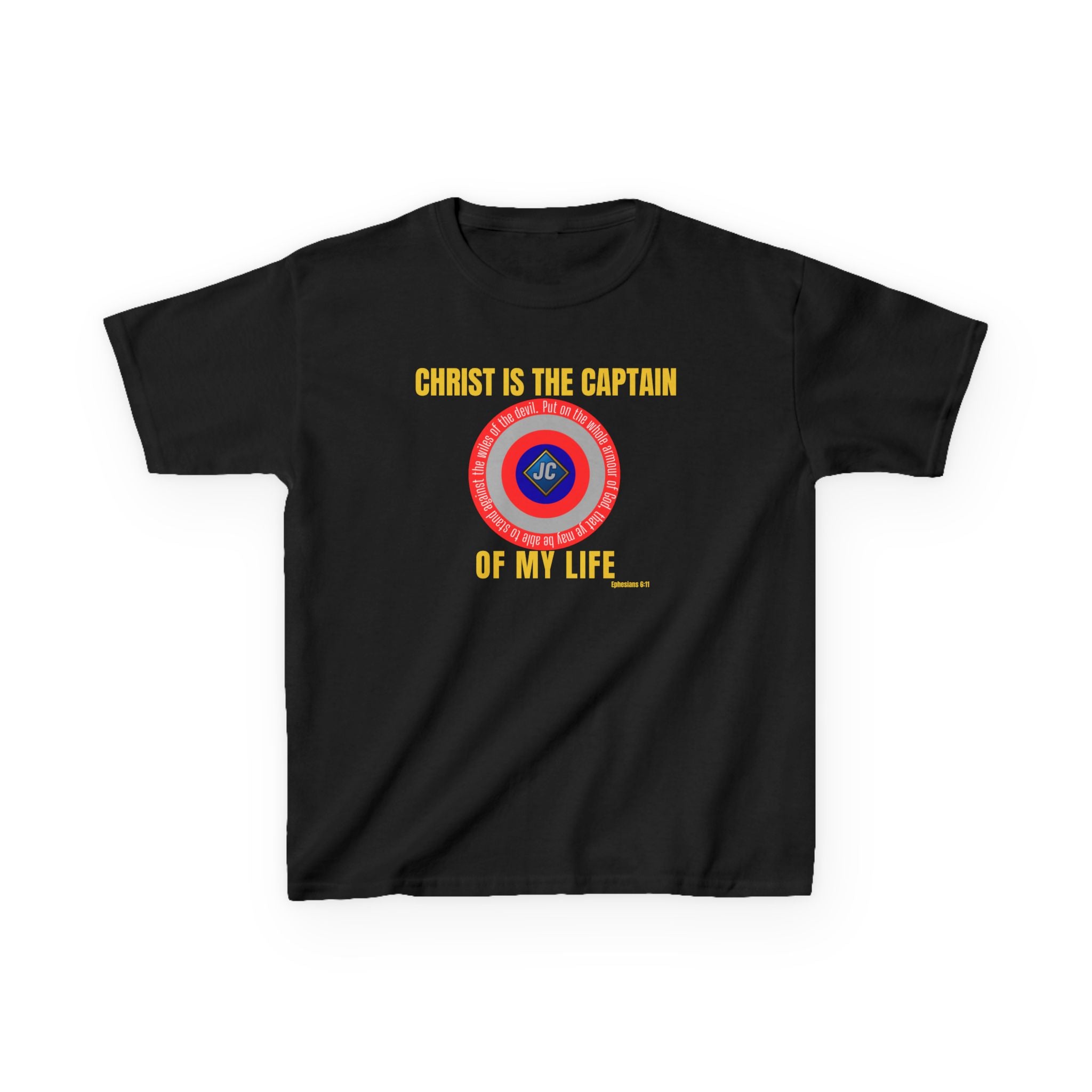 Front: Kids Christian t-shirt with superhero shield emblem that reads “Christ Is the Captain of My Life,” centered on chest