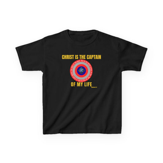 Front: Kids Christian t-shirt with superhero shield emblem that reads “Christ Is the Captain of My Life,” centered on chest