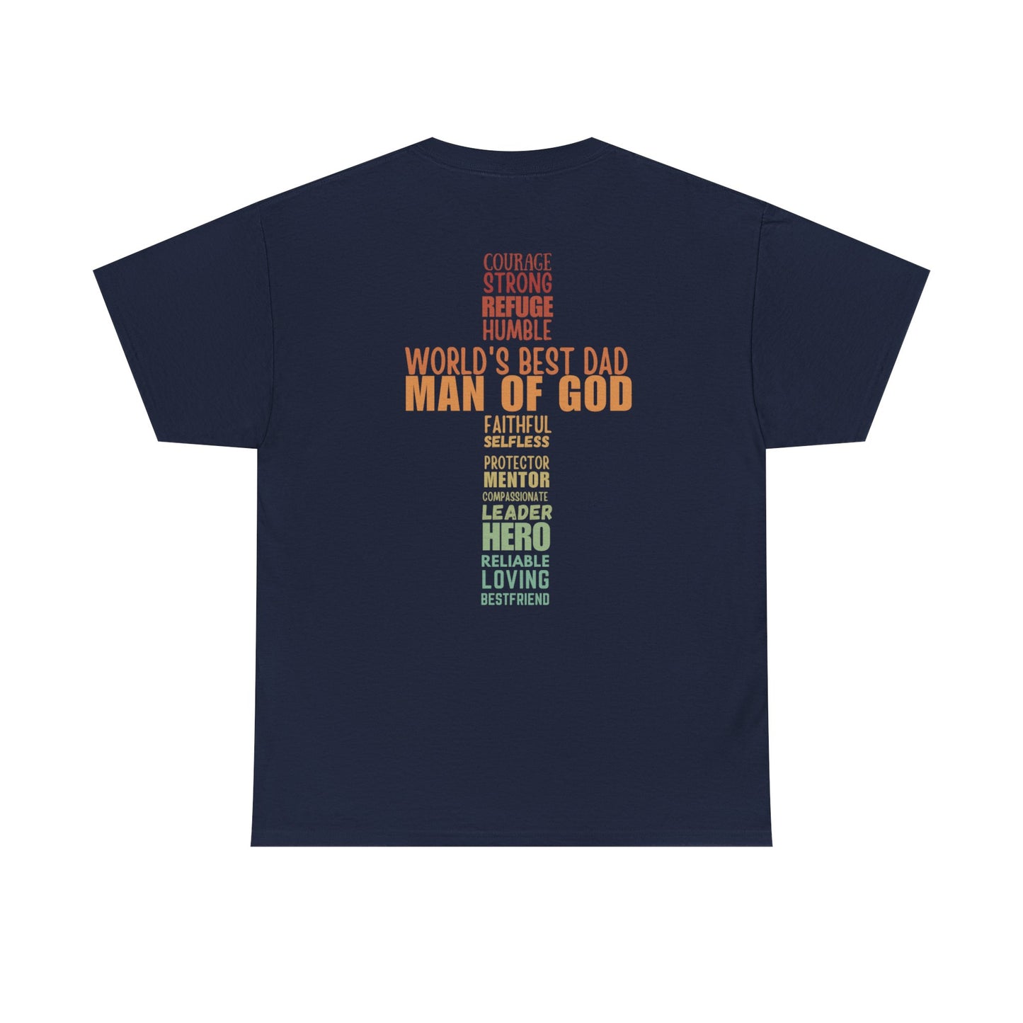 Man of God Cross Word Art Tee — Christian Father’s Day & Faith T-Shirt | Unisex Heavy Cotton