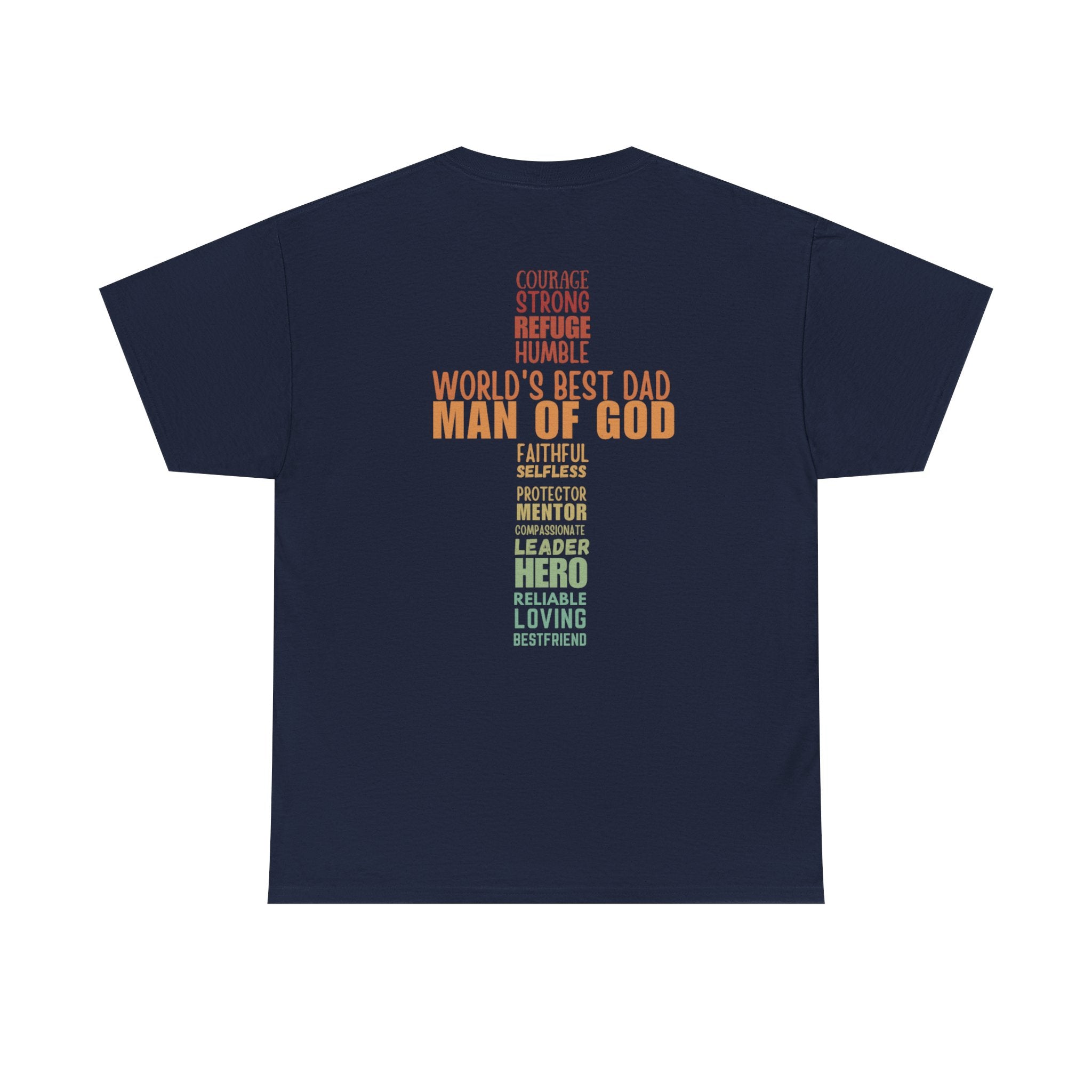 Man of God Cross Word Art Tee — Christian Father’s Day & Faith T-Shirt | Unisex Heavy Cotton