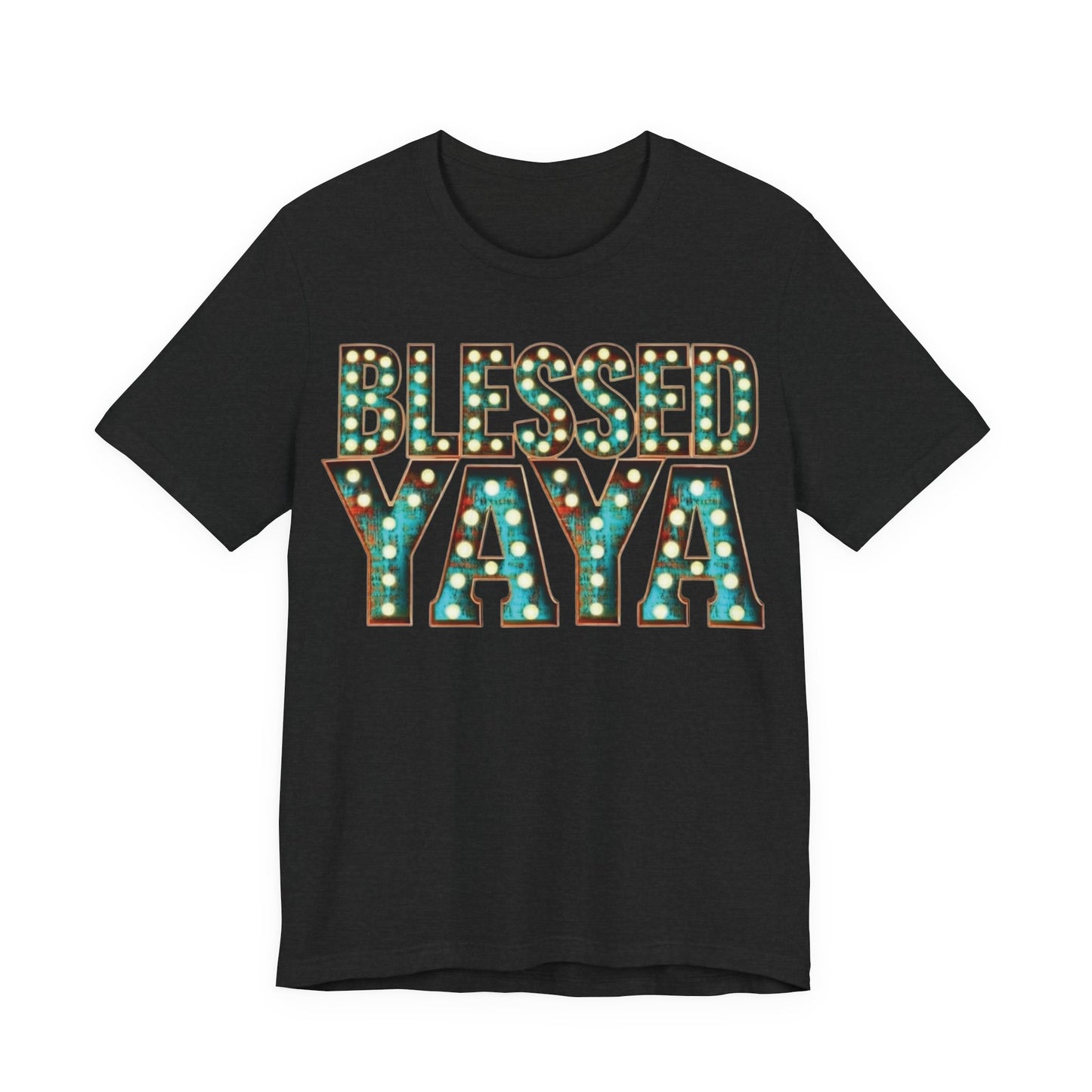 front Blessed Yaya Bella Canvas black boutique t-shirt with vintage marquee light lettering design