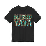 front Blessed Yaya Bella Canvas black boutique t-shirt with vintage marquee light lettering design