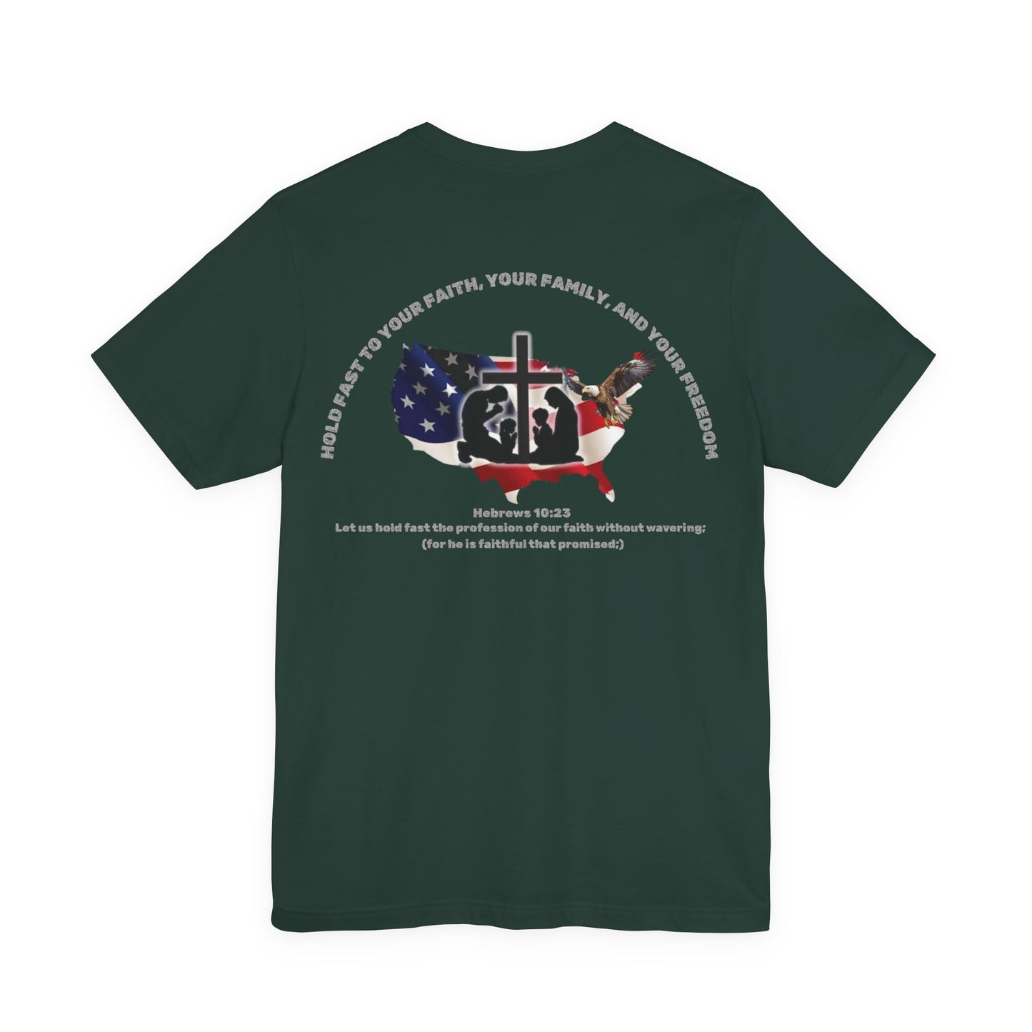 Patriotic Graphic Tee-Hold Fast — Hebrews 10:23 | Unisex Jersey Short Sleeve Christian T-Shirt