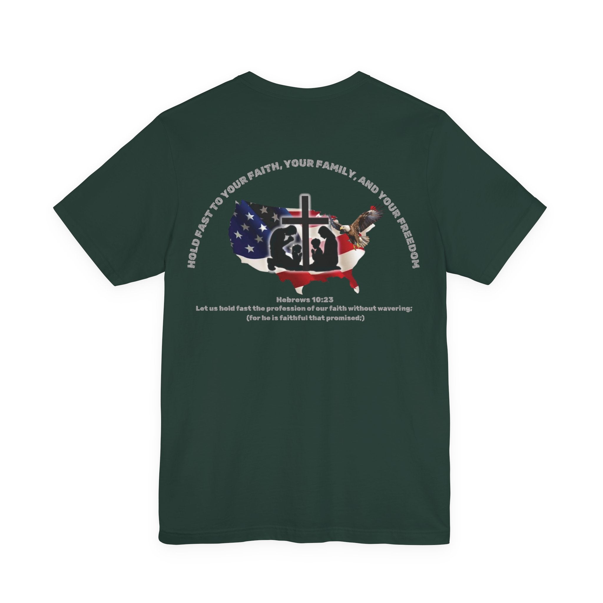 Patriotic Graphic Tee-Hold Fast — Hebrews 10:23 | Unisex Jersey Short Sleeve Christian T-Shirt