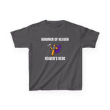 Front of Hammer of Heaven Kids Christian Tee — superhero hammer and cape with Jesus Is My Superhero badge