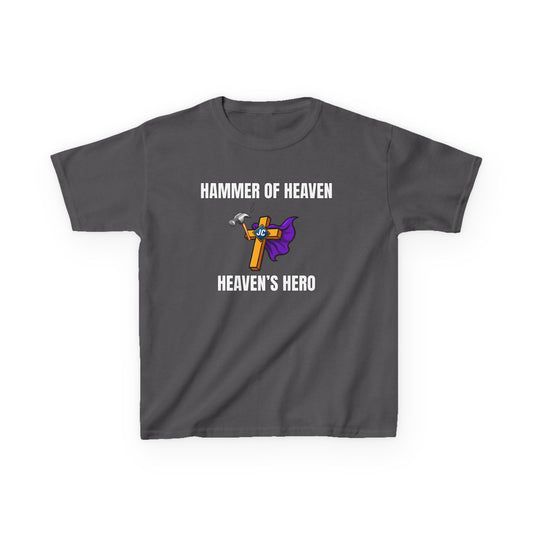 Front of Hammer of Heaven Kids Christian Tee — superhero hammer and cape with Jesus Is My Superhero badge