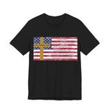 United in Purpose — Romans 8:28 Flag & Cross | Unisex Jersey Short Sleeve Christian T-Shirt